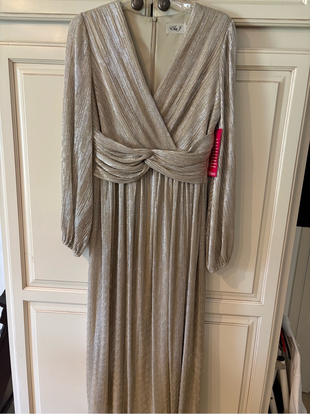 Eliza J Metallic Silver Pleated Twist Front Maxi Dress Size 6 NWT From Dillard’s